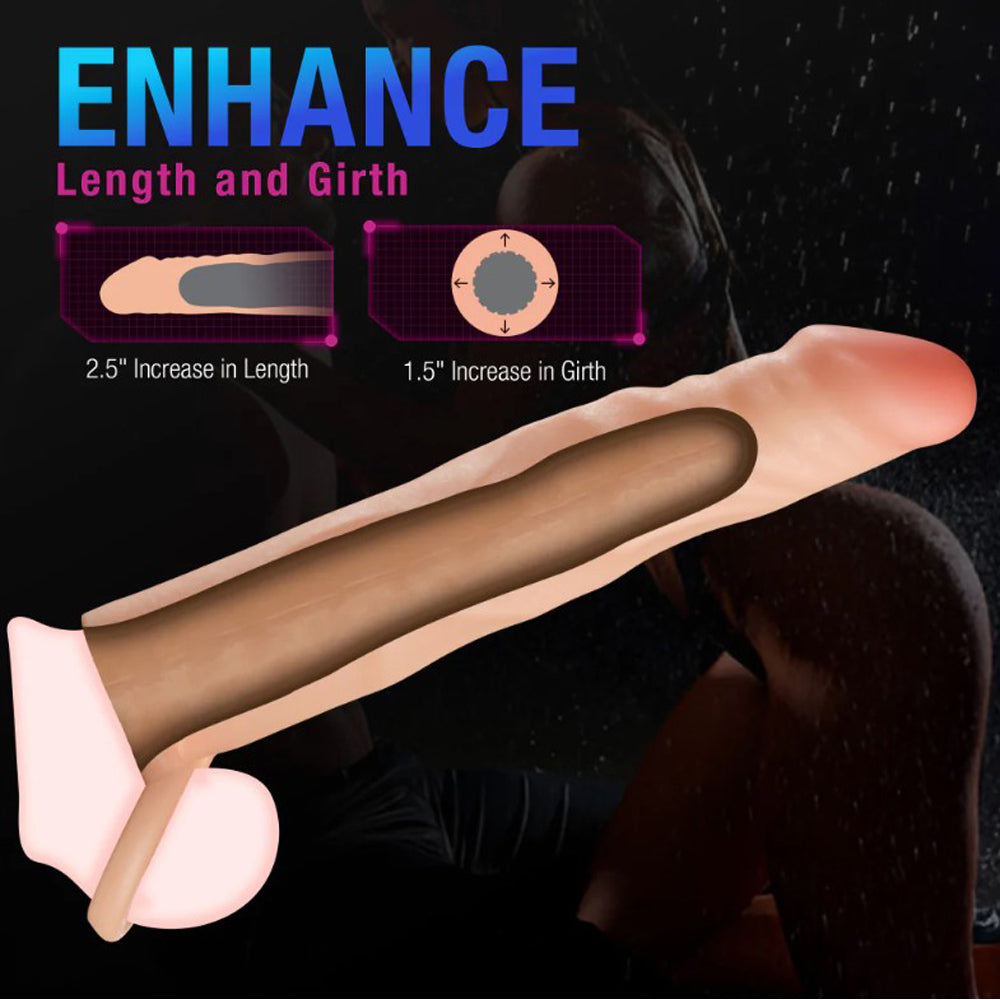 Silicone penis extender with ball strap, blush color, showing 2.5-inch length and 1.5-inch girth increase.