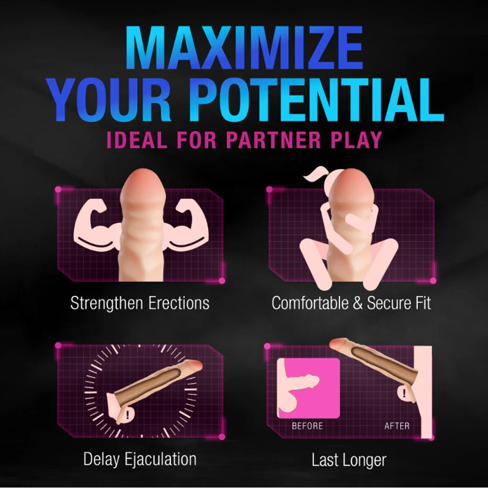 Silicone penis extender with ball strap, showing benefits like strengthened erections and longer-lasting performance.