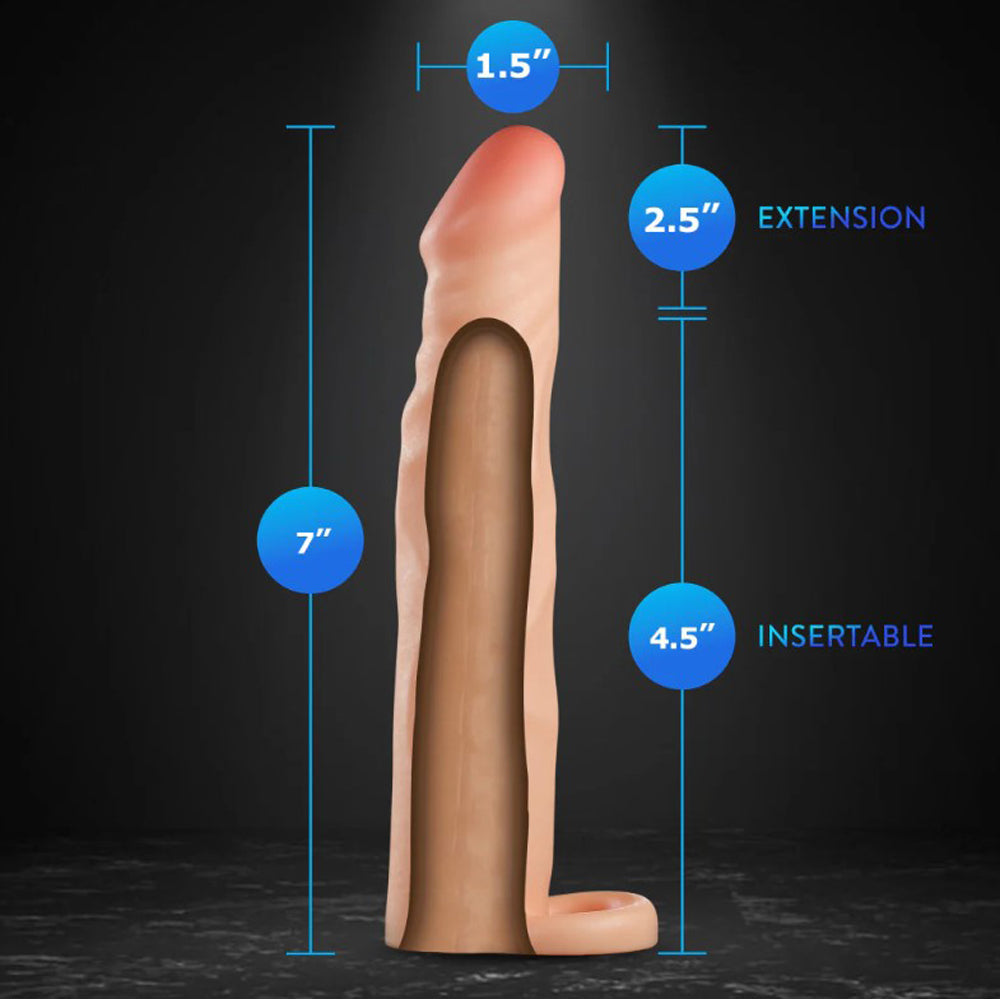 Blush Performance Fortitude silicone penis extender with ball strap, 4.5 inches insertable, 2.5 inches extension.