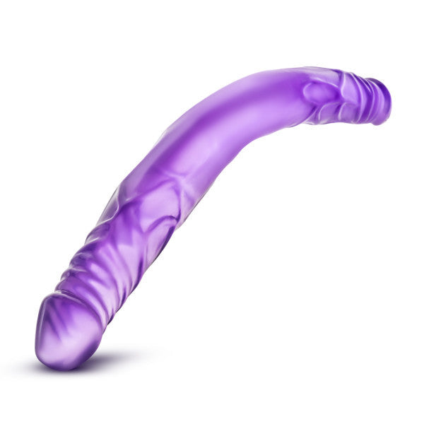 Purple 14-inch realistic double dildo with curved, veined design.