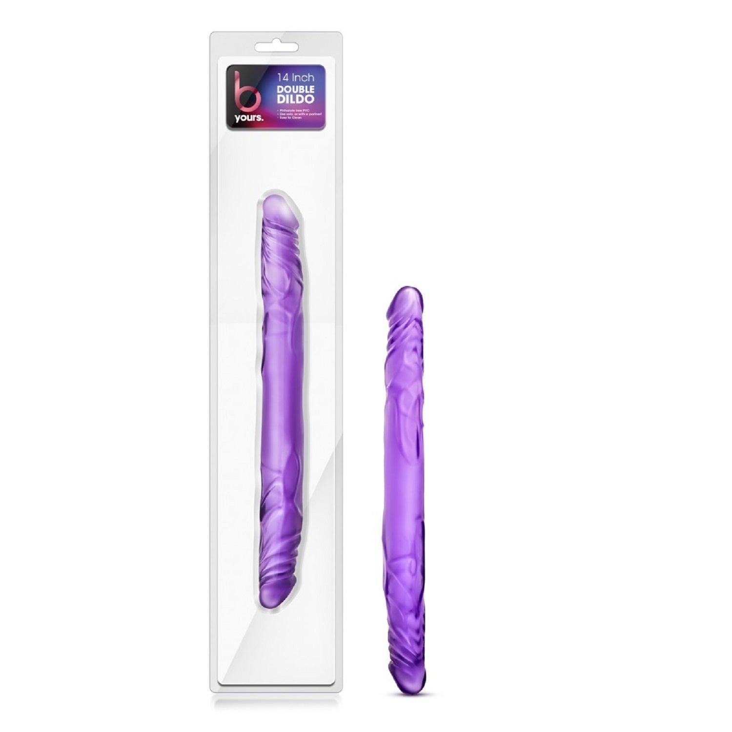 Purple 14-inch realistic double dildo in clear packaging, shown from side and front.