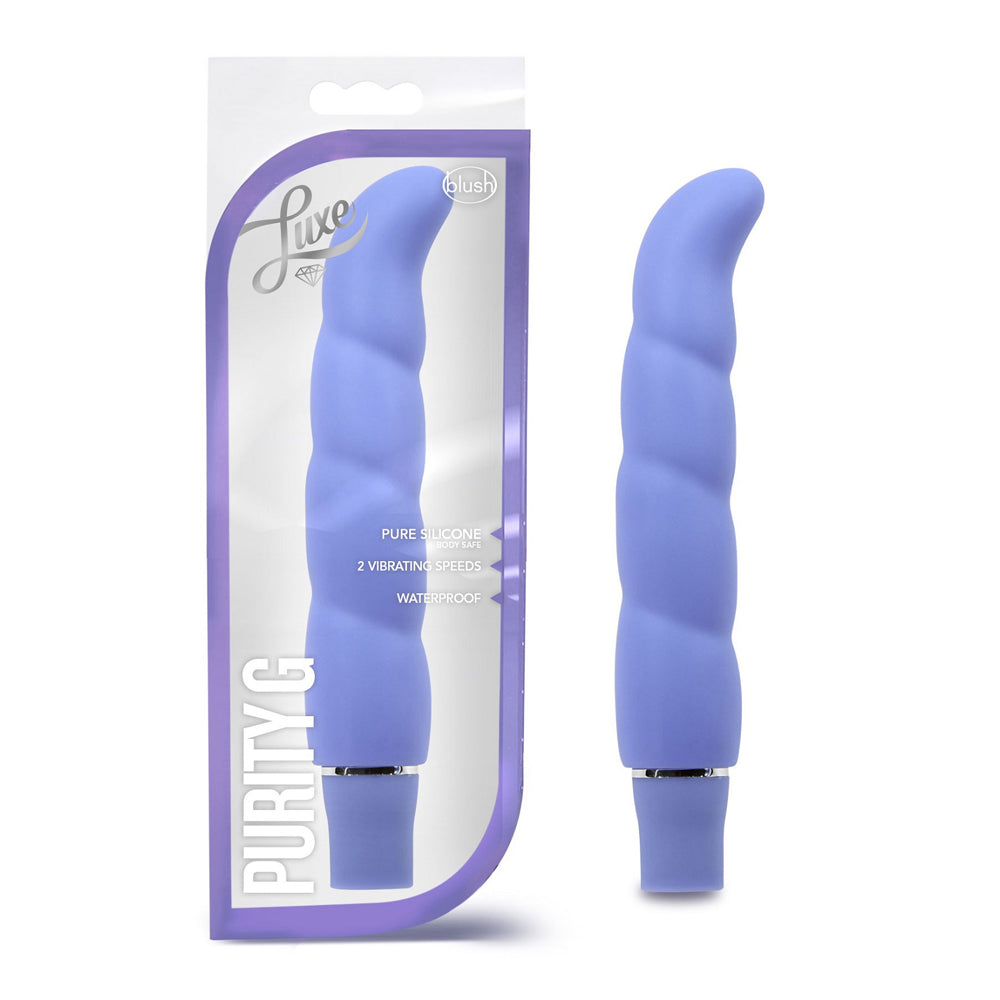 Periwinkle silicone G-spot vibrator with spiral texture in packaging.