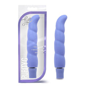 Periwinkle silicone G-spot vibrator with spiral texture in packaging.
