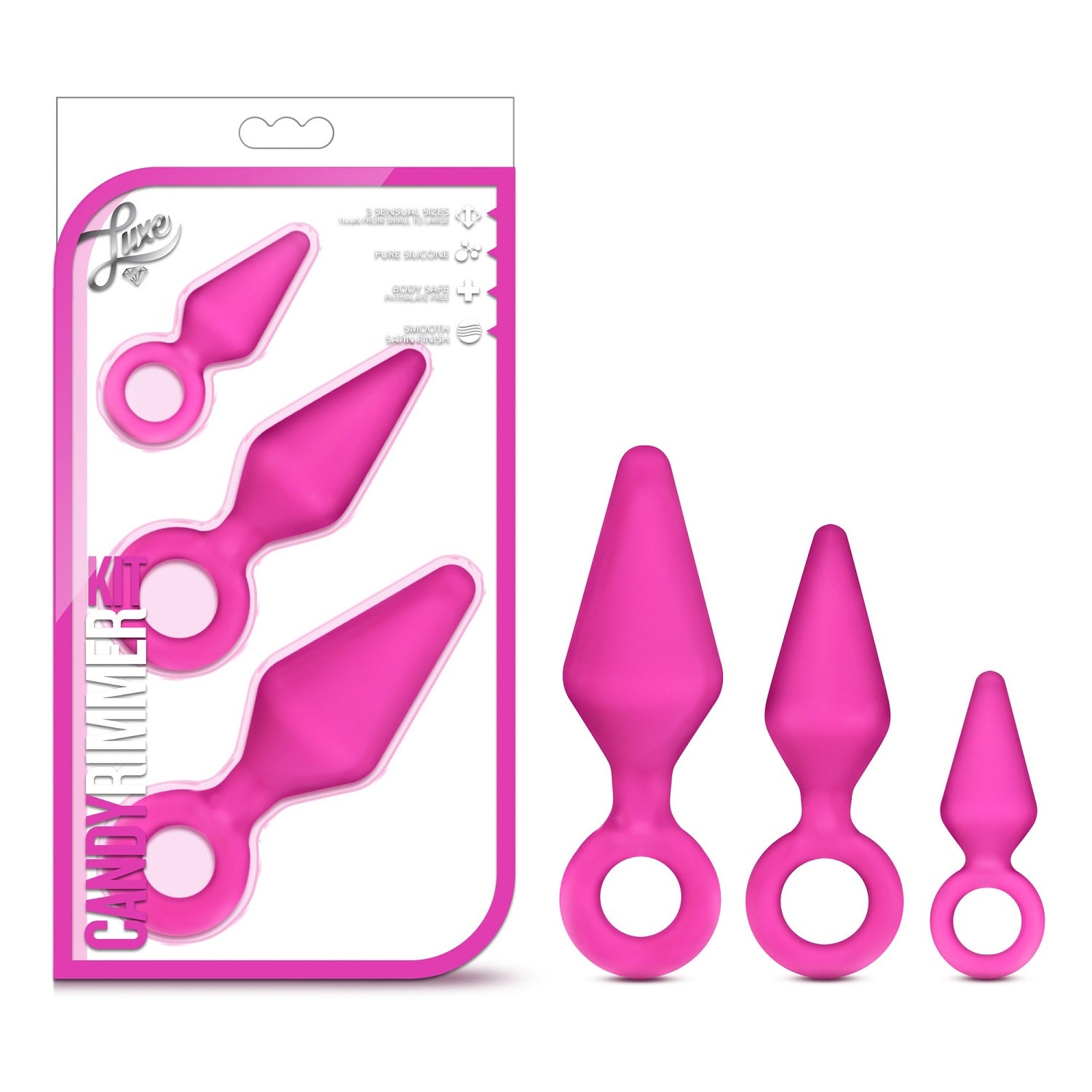Three fuchsia silicone anal plugs in varying sizes with loop bases.