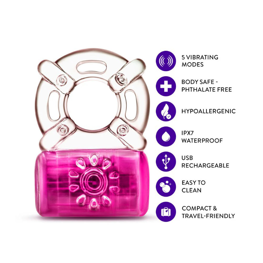 A pink vibrating C-ring with a clear top, featuring icons for 5 modes, body safe, hypoallergenic, waterproof, USB rechargeable, easy to clean, and compact.