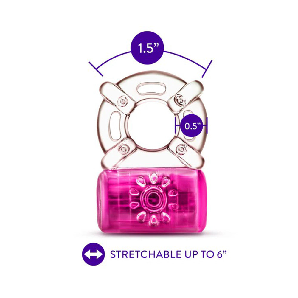 A pink vibrating c-ring with dimensions indicated.