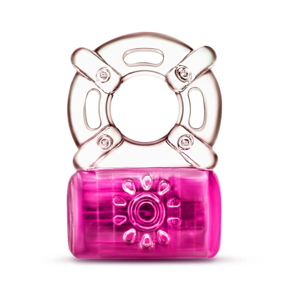A pink vibrating C-ring with a clear top ring.