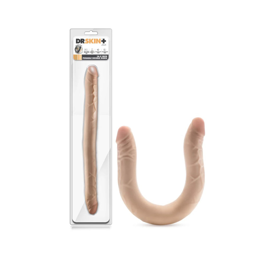 A 16.5 inch posable double dildo in beige, with one dildo in packaging and the other bent into a U-shape.