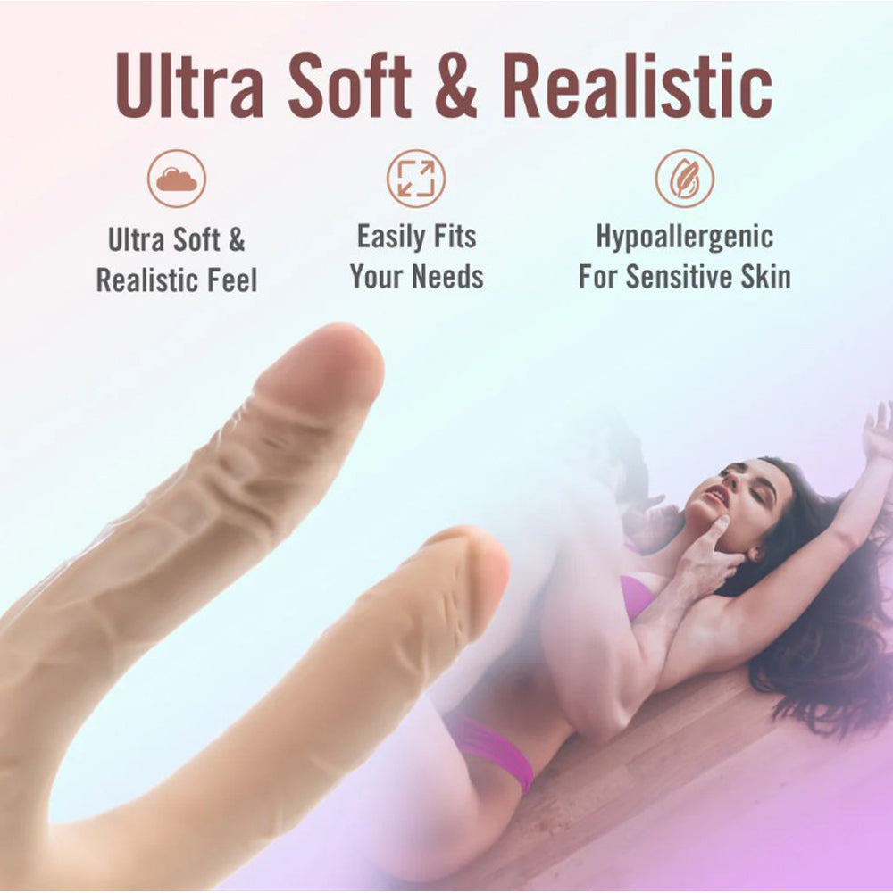 A realistic, beige, double-ended dildo with text highlighting its soft feel and hypoallergenic properties.