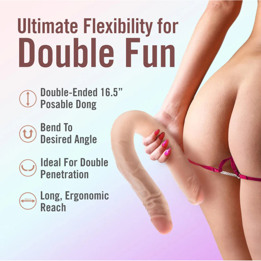 A beige, double-ended, posable dildo with a realistic texture.