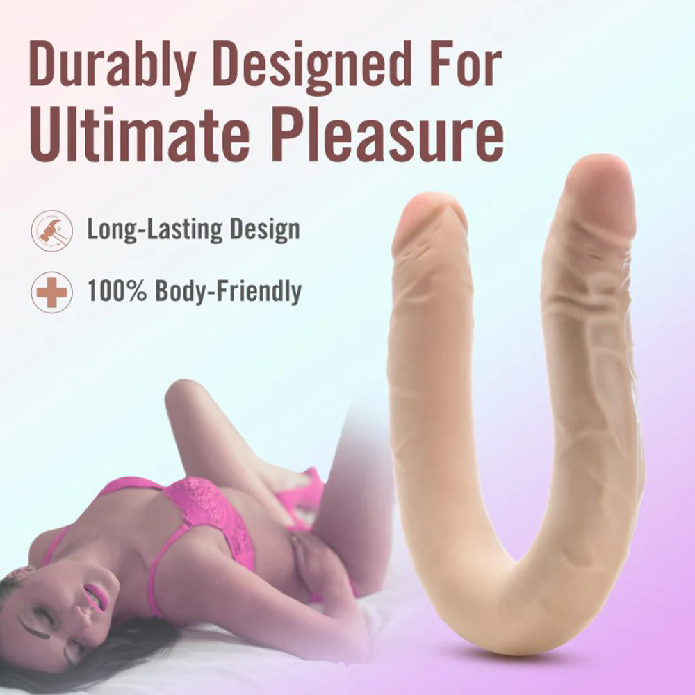 A 16.5-inch posable double-ended realistic TPE dildo in flesh tone.