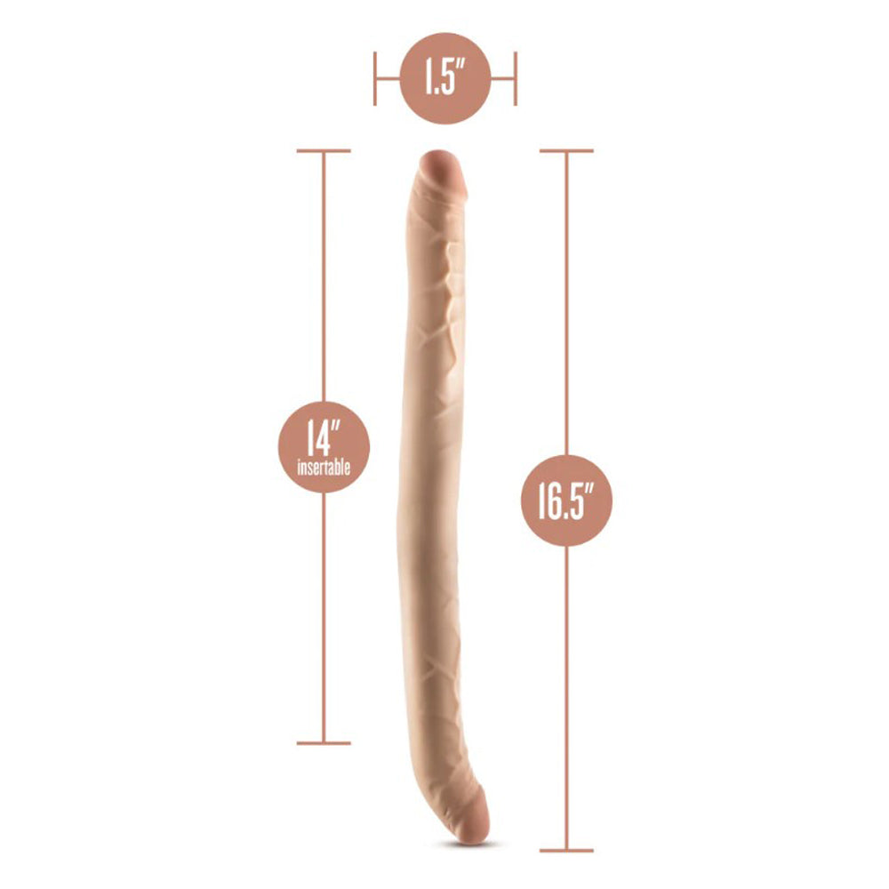 A 16.5 inch double dildo with a 14 inch insertable length and 1.5 inch width.