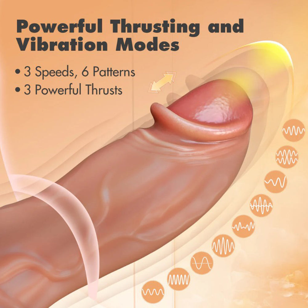 Thrusting silicone vibrating dildo with 3 thrust speeds and 9 vibration modes.