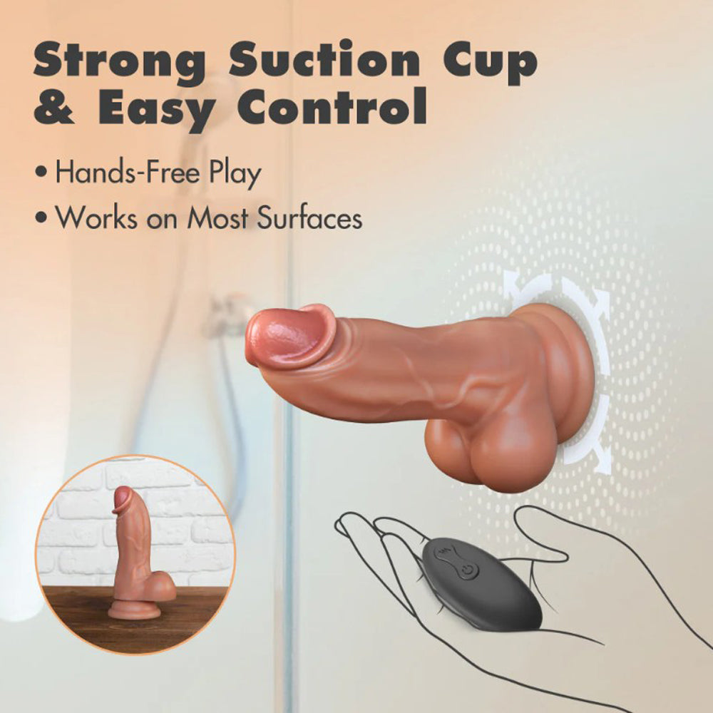 Brown silicone thrusting vibrating dildo with suction cup base and black remote control.