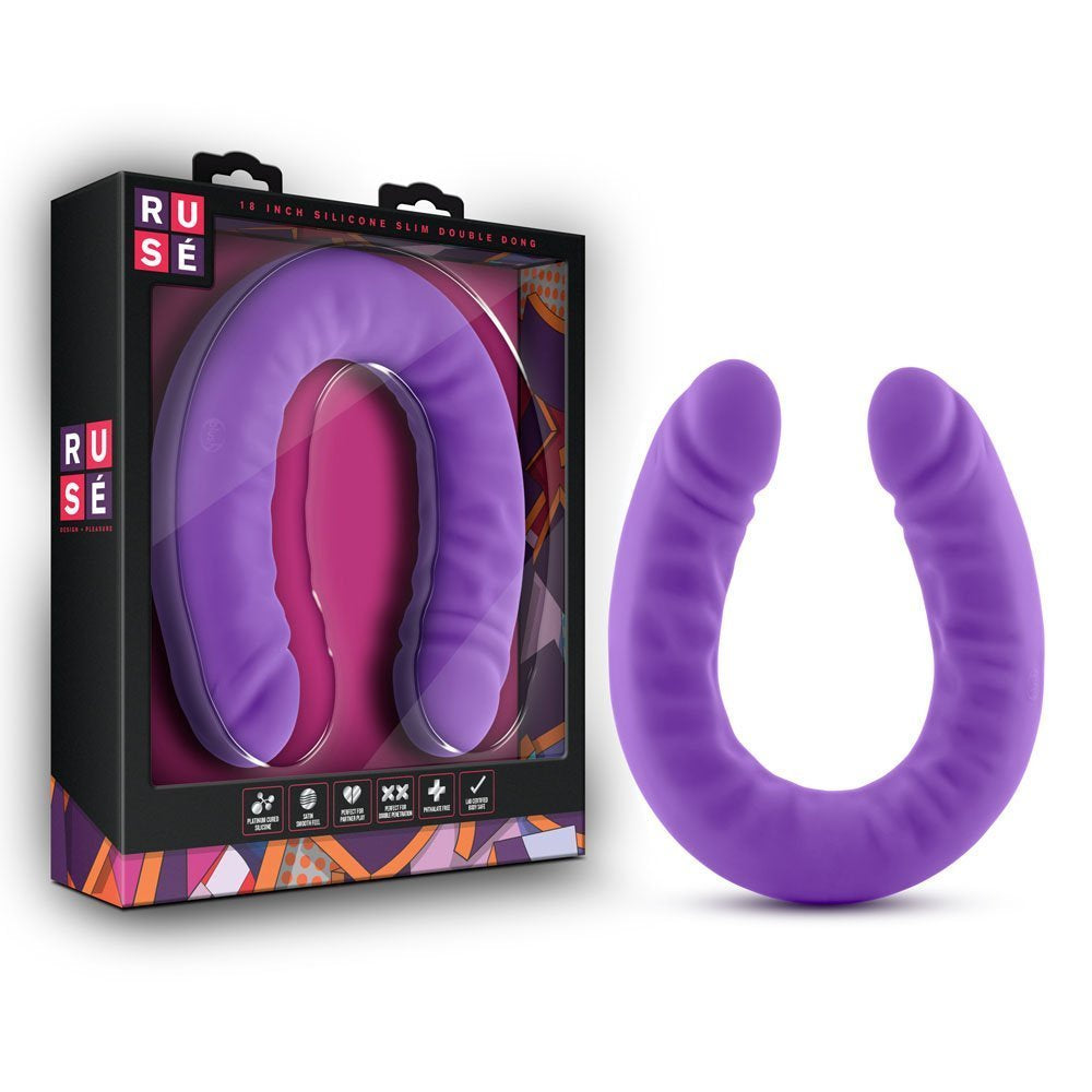A purple, U-shaped, 18-inch silicone double dildo is shown next to its packaging.
