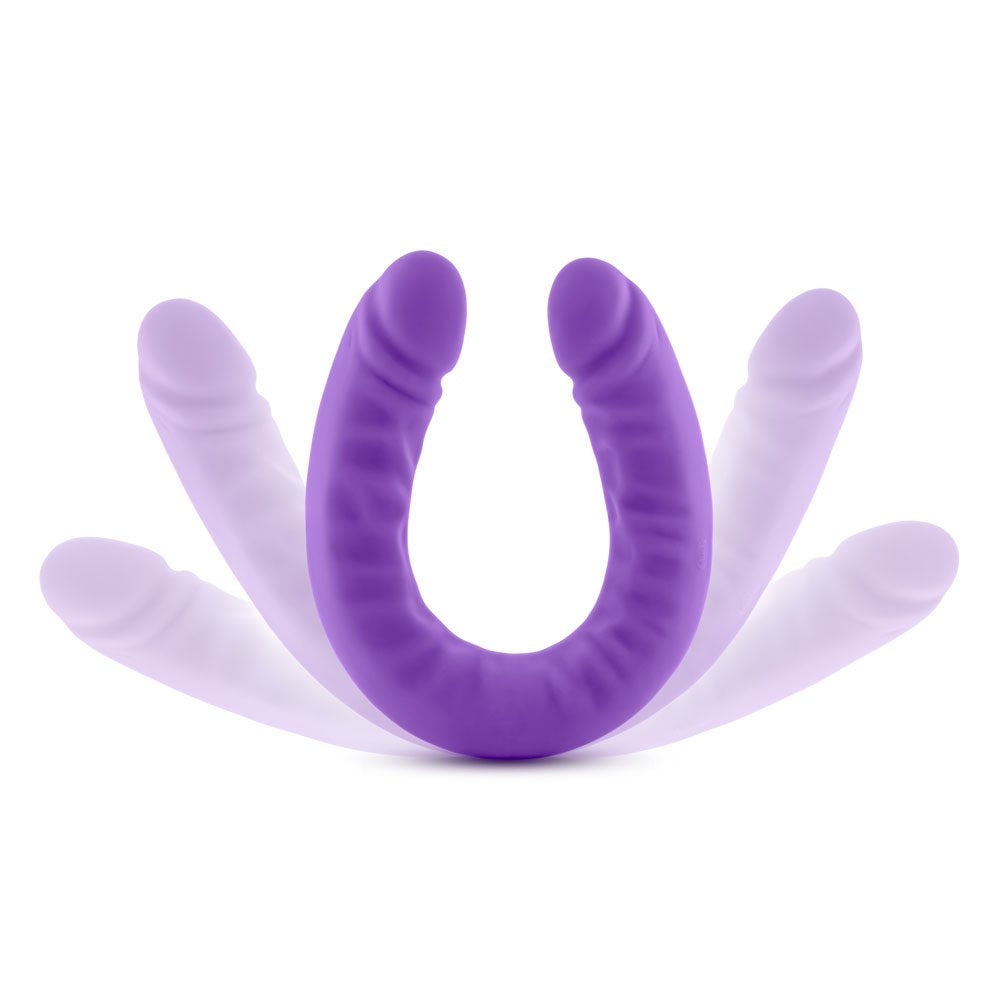 Purple U-shaped double dildo with a slim profile.