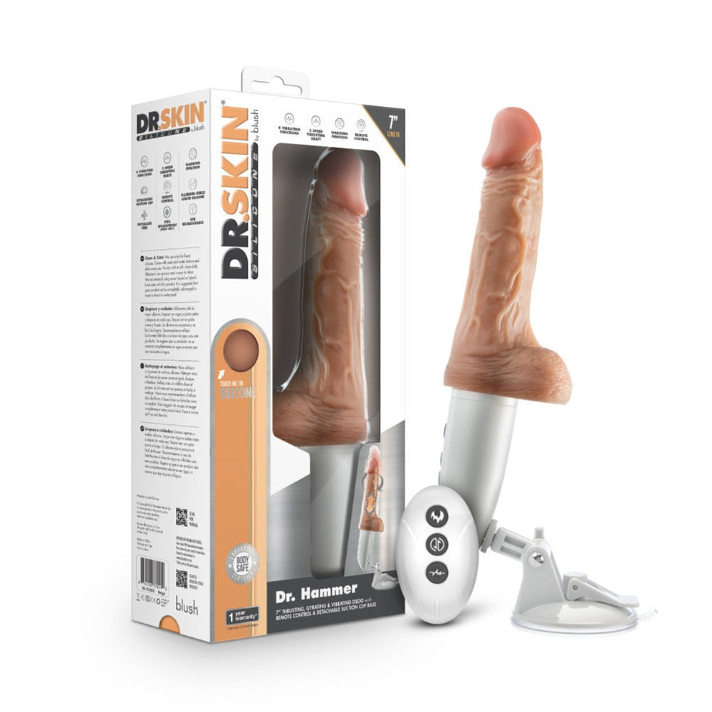 Boxed realistic thrusting dildo with remote, warming feature, and suction base.
