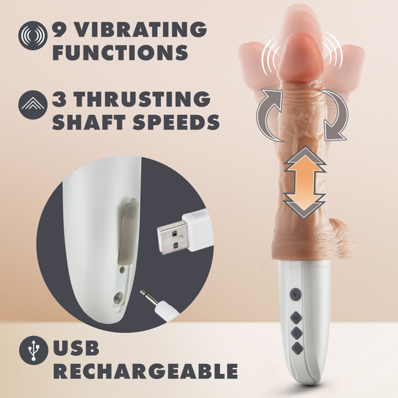 Realistic dildo with vibrating functions, thrusting shaft speeds, and USB charging.