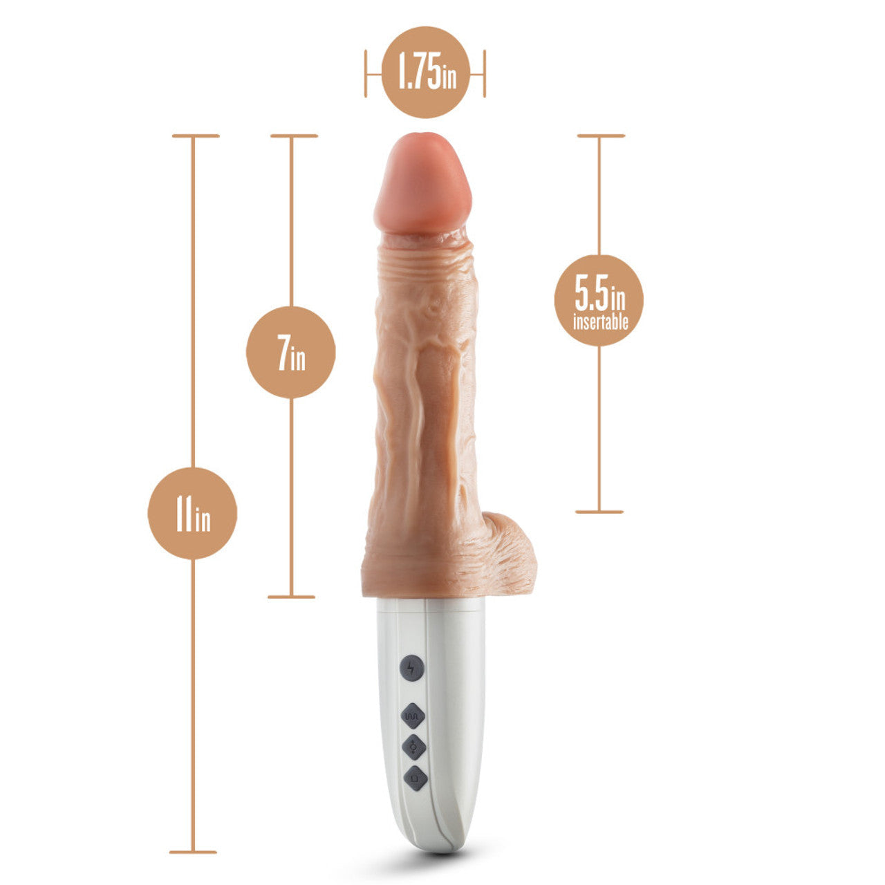 Realistic thrusting dildo with warming feature, remote control, and dimensions shown.