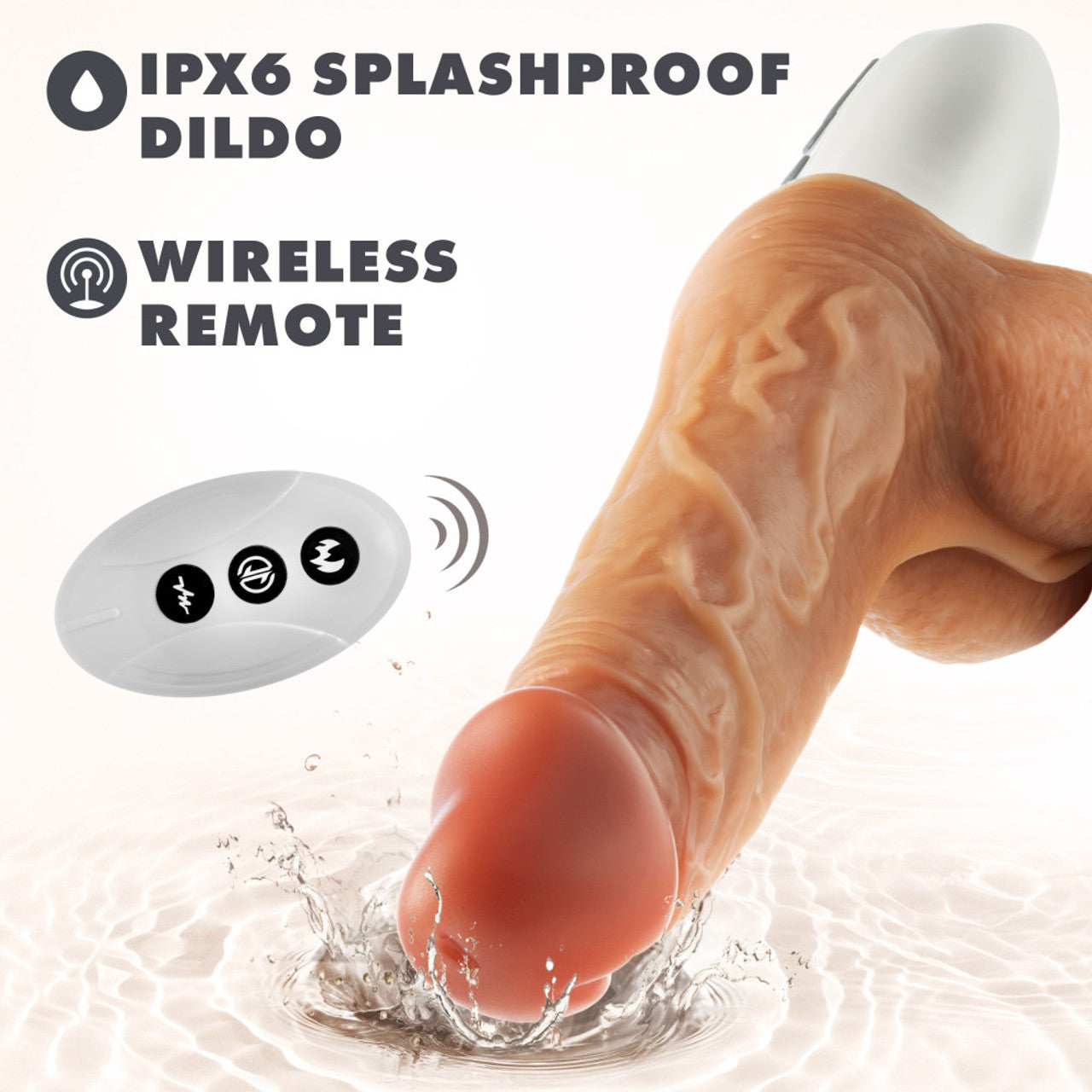 Realistic thrusting dildo with wireless remote, warming feature, and suction base.