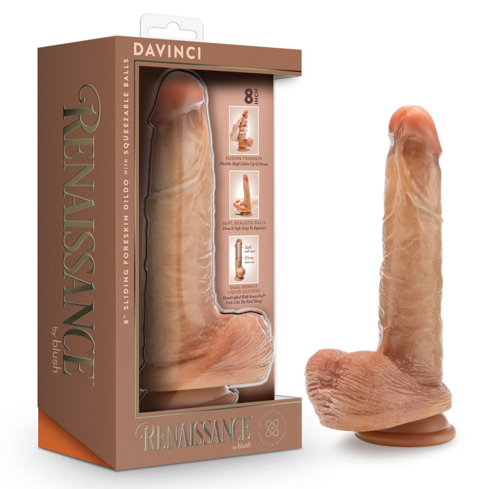 8-inch dual density silicone dildo with sliding foreskin in blush color, shown in packaging.