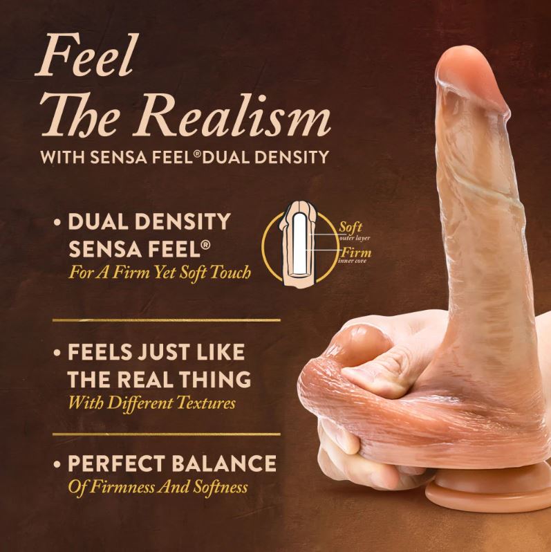 8-inch dual density silicone dildo with sliding foreskin and suction cup base.