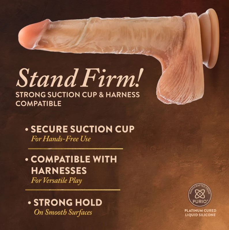 8-inch dual density silicone dildo with sliding foreskin, suction cup base, and blush color.