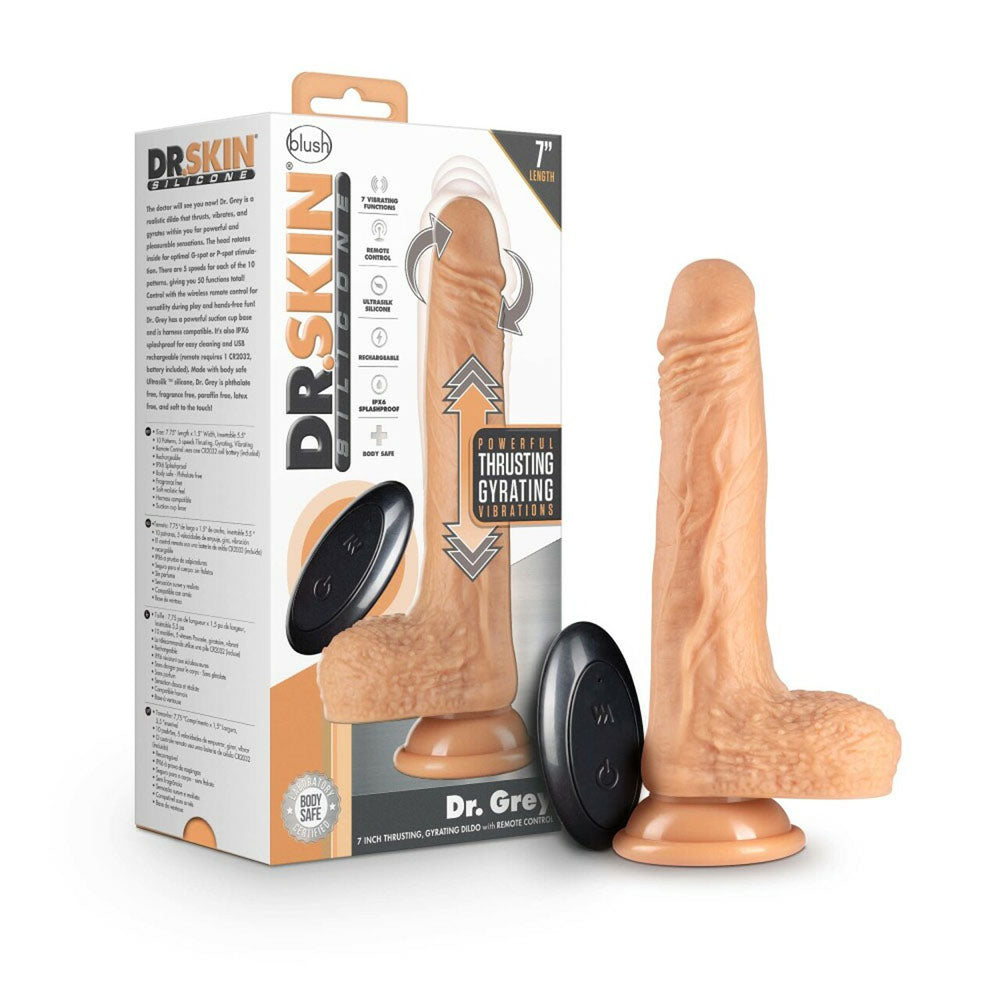 Boxed Dr. Grey thrusting silicone dildo with remote control, in beige.