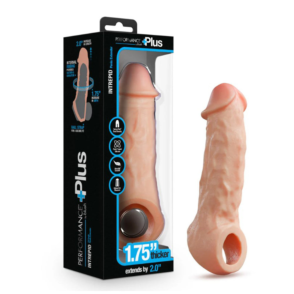 Blush pink silicone penis extender in box, adding 2 inches length and 1.75 inches girth.