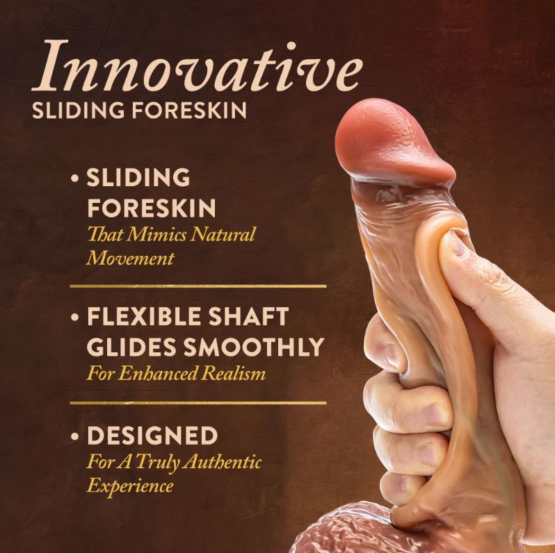 Realistic blush silicone dildo with sliding foreskin, flexible shaft, and suction cup base.