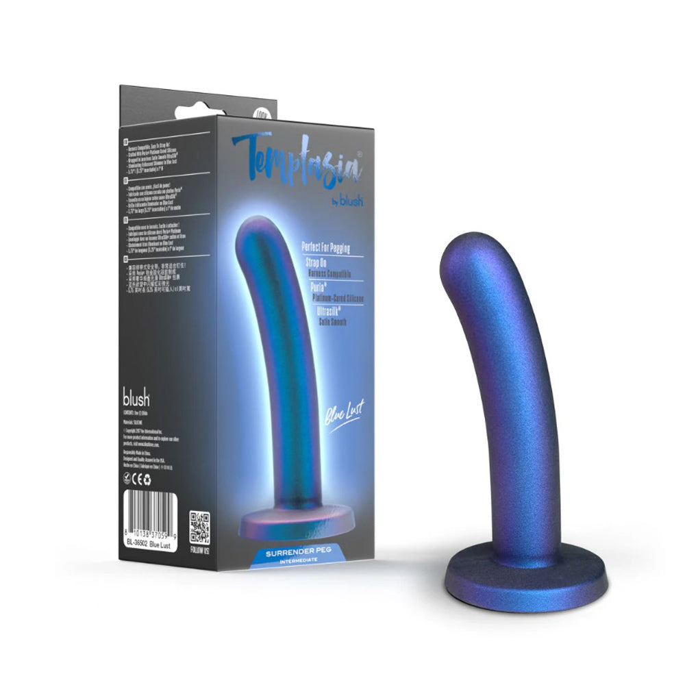 A blue, iridescent silicone peg dildo with a curved shaft and flared base.