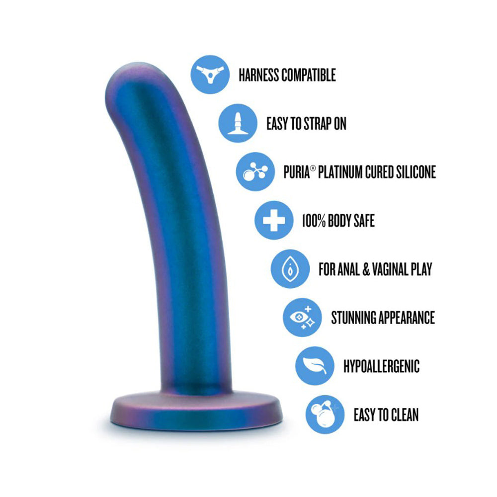 Curved blue silicone dildo with a flared base and icons indicating features.