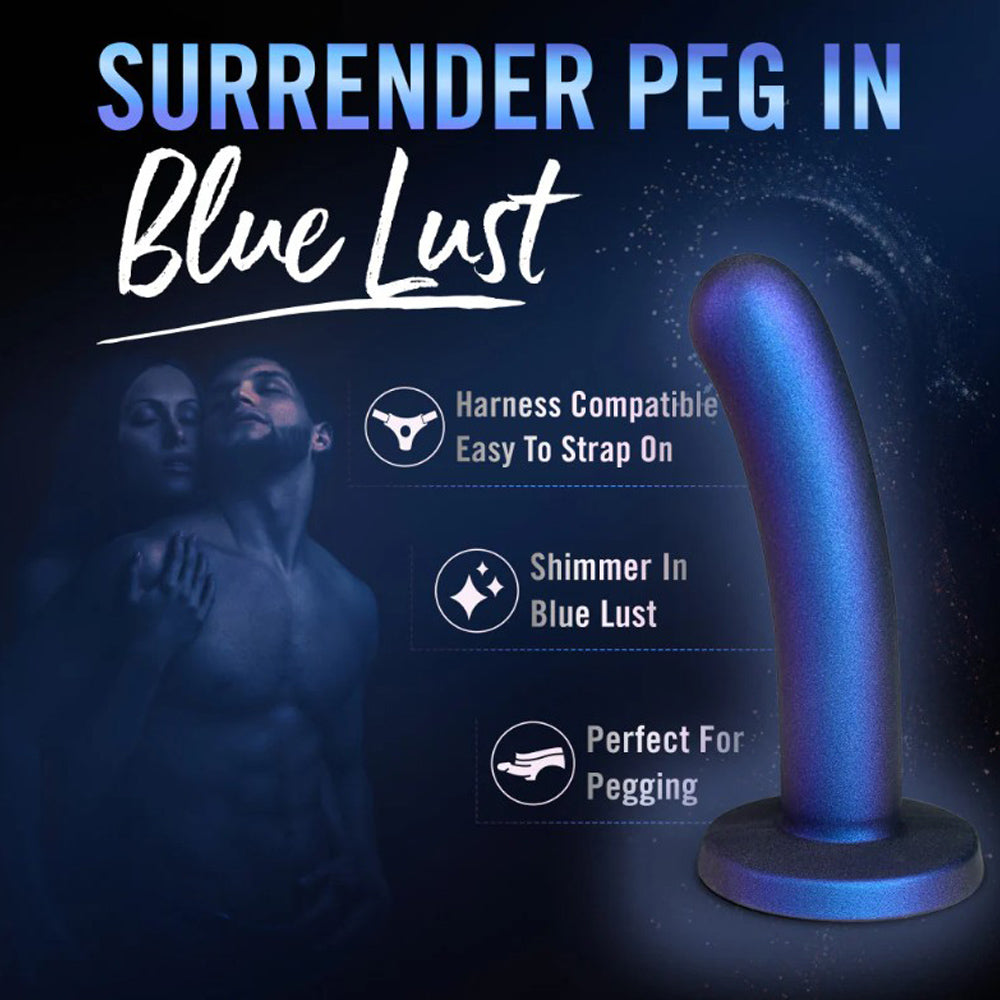 Blue lust surrender peg dildo with harness compatibility and shimmering finish.