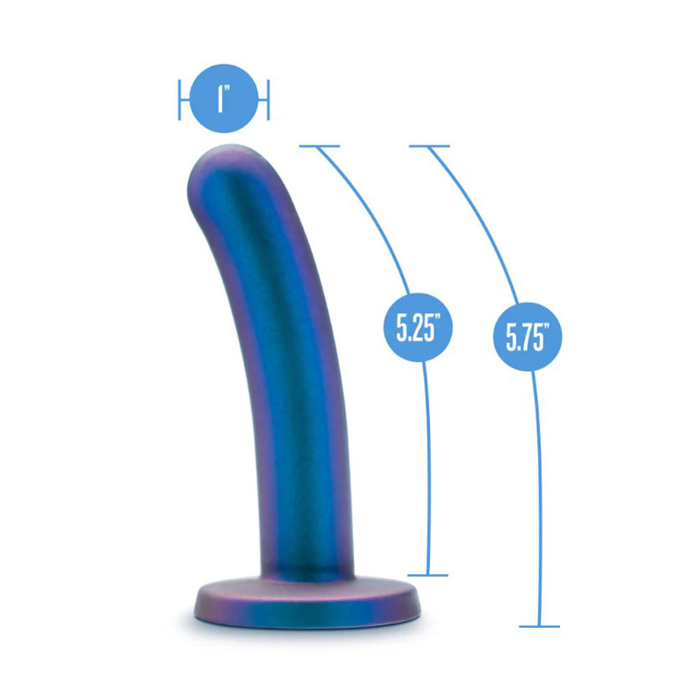Curved blue silicone dildo with size indicators.