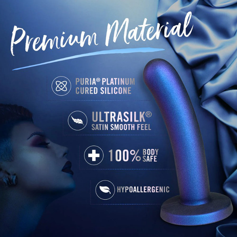 A purple silicone G-spot dildo with text about premium material.