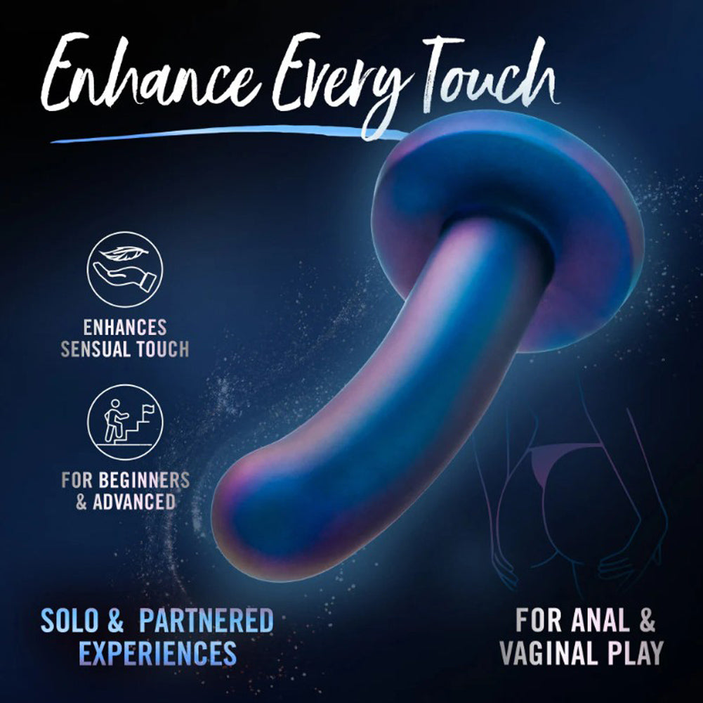 A curved, iridescent dildo with text about sensual touch and anal/vaginal play.