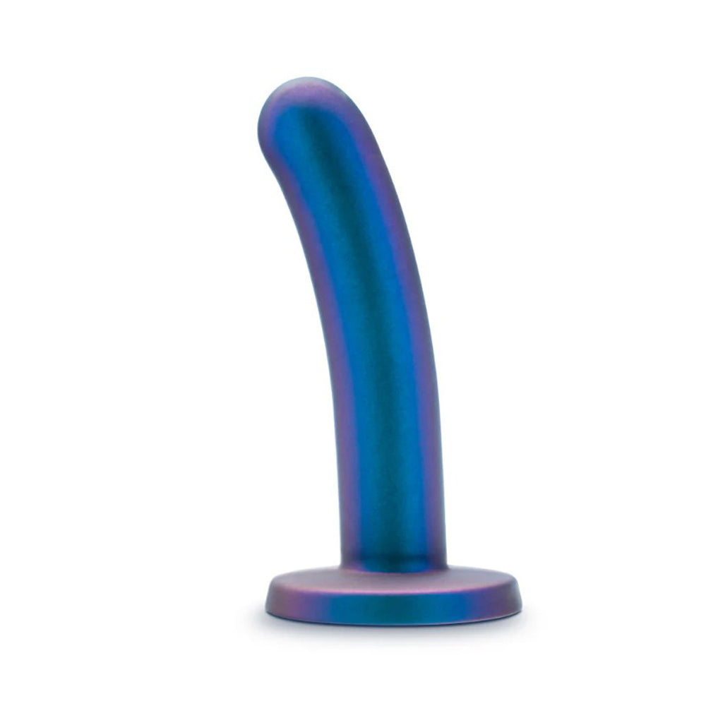 Curved blue and purple silicone dildo with a flared base.