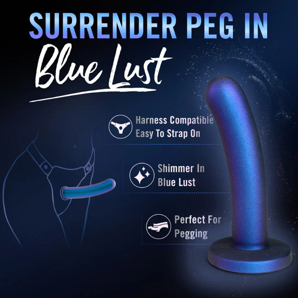 Blue lust surrender peg dildo with harness compatibility and shimmer.
