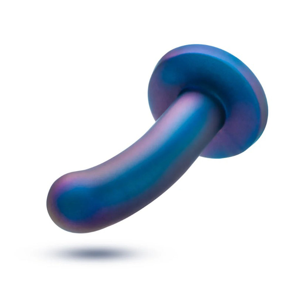 Curved blue and purple silicone dildo with a flared base.