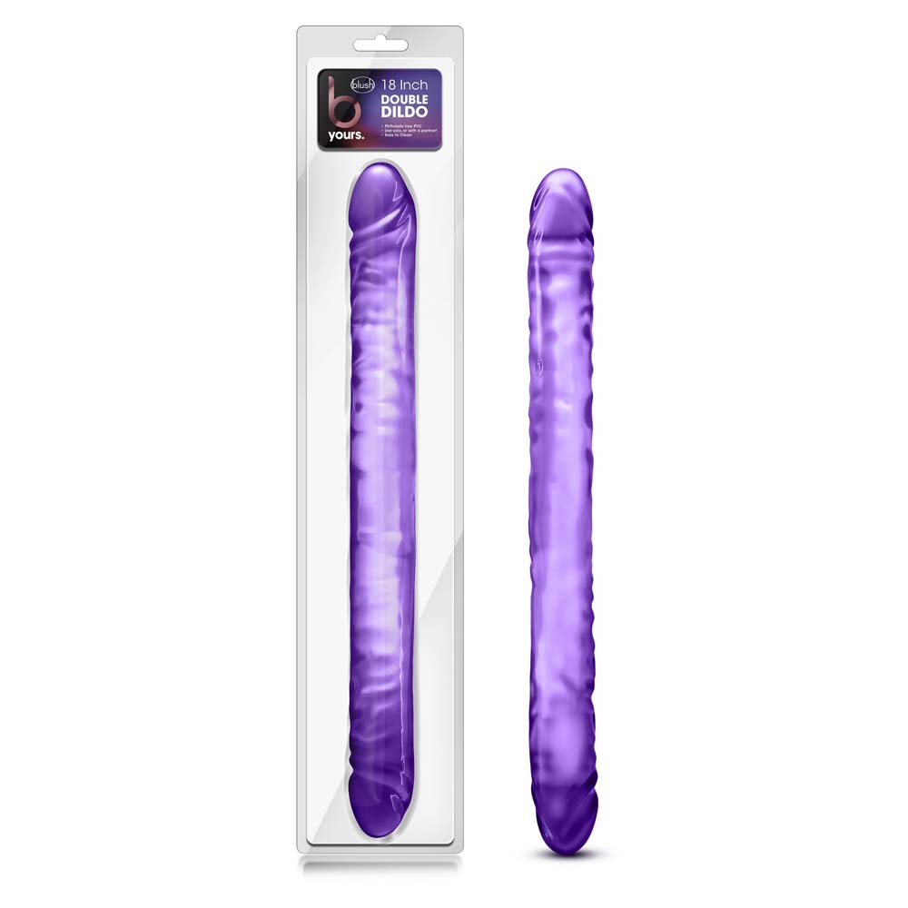 Purple 18-inch realistic double dildo in PVC from Blush Novelties, shown in packaging.