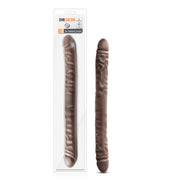 18-inch double dildo in chocolate color with realistic texture, shown in package and out.