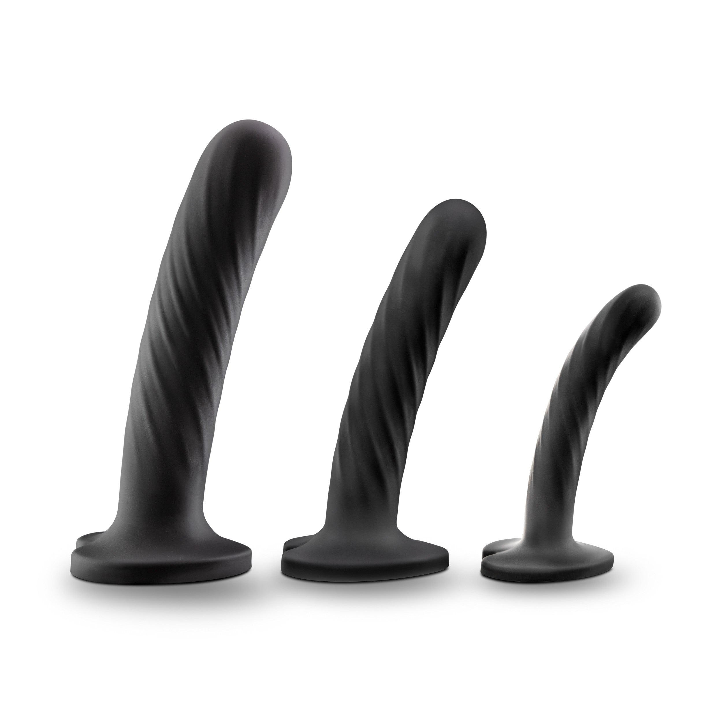 Set of three black silicone dildos with a twisted texture and flared bases.