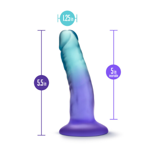 Sapphire Morning Dew realistic suction cup dildo, 5.5 inches long and 1.25 inches wide with gradient blue-purple design.