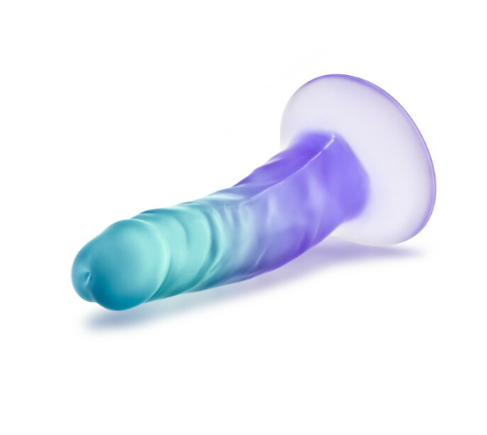 A blue and purple gradient dildo with a suction cup base.
