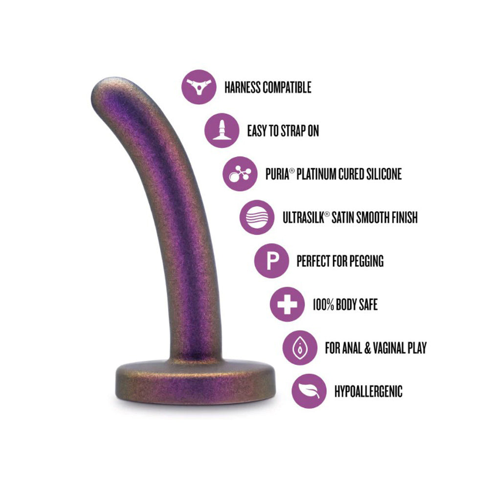 A purple silicone dildo with a curved shaft and flared base, featuring icons and text describing its features.