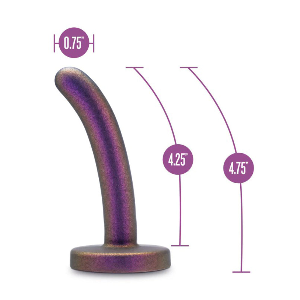 Curved purple dildo with size indicators for 0.75 inch width and 4.25 and 4.75 inch lengths.