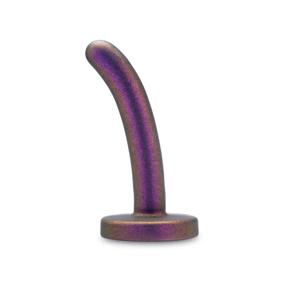 Curved purple dildo with a flat base.
