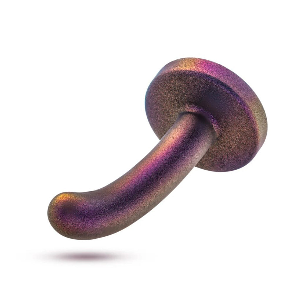 Curved purple and gold iridescent dildo with a flat base.