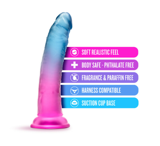 7.5-inch gradient blush PVC dildo with suction cup base and realistic feel.