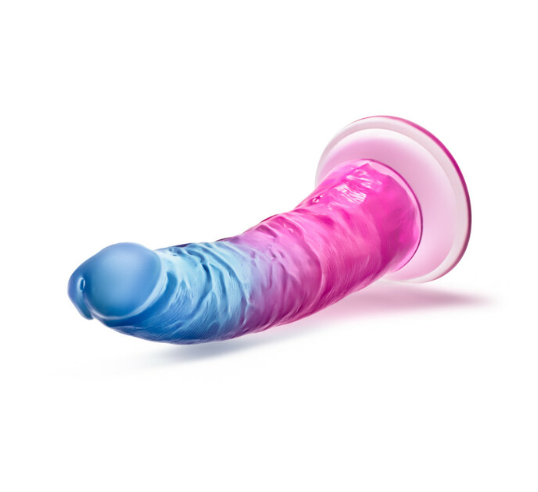 7.5-inch realistic suction cup dildo in blue-to-pink gradient PVC.